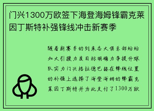 门兴1300万欧签下海登海姆锋霸克莱因丁斯特补强锋线冲击新赛季